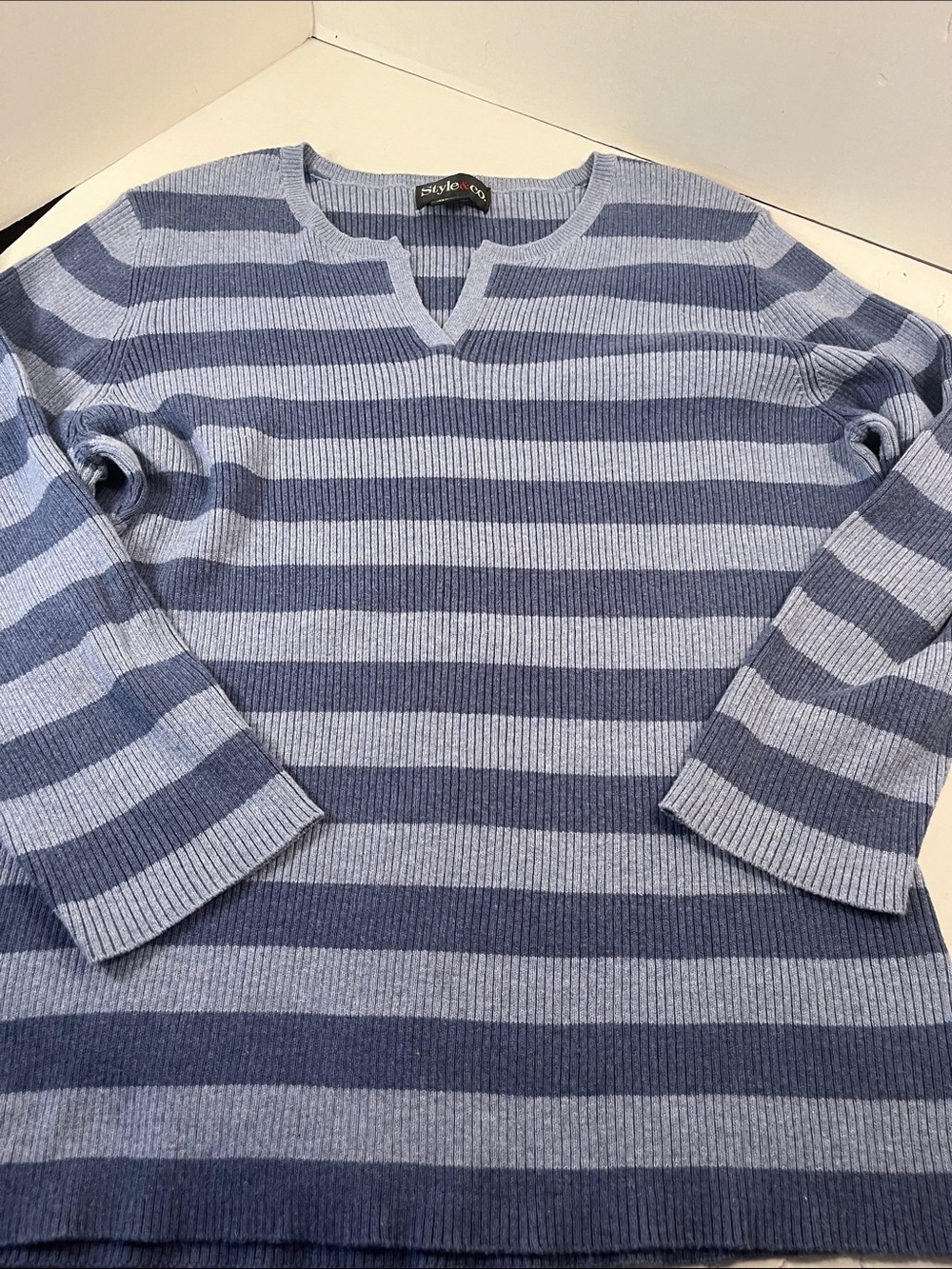 Style & Co. Women's Blue Striped Crewneck Sweater